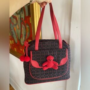 Y2K archival Moschino Jeans black red heart Quilt Bag crochet teddy bear rare